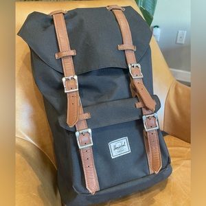 Herschel Little America™ Mid Volume Backpack in Black with Brown Leather Straps